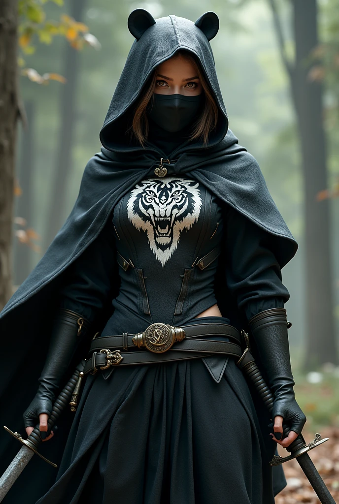 Girl with light brown hair with short hair and yellow eyes wearing a black bear mask. She wore black armor with a cape and hood with the design of a white tiger. The girl carries two swords at her waist.