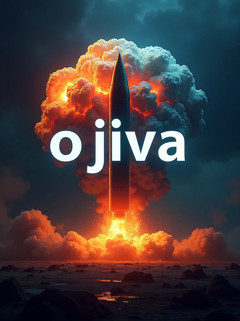 Logo with large sign with the message : "Ojiva" with a hyperrealistic image of an explosion and a superimposed luxury nuclear warhead with electric and vibrant colors, In the middle the logo says "Ogive" in a letter full of fury and orange flames of fire with blue tones