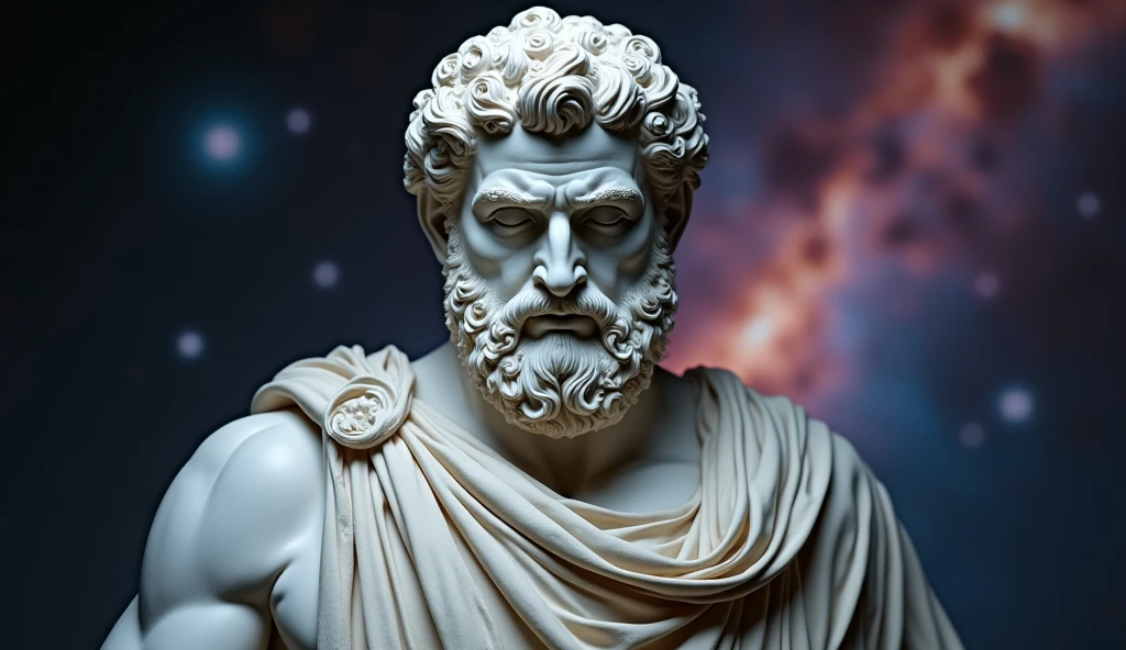 A realistic Greek white marble statue of Aristotle, brawny, brave and scary, detailed wearing a ghostly toga, neutral background, temperamental, , photorrealistic, super detailed, hyper realist, dark galaxy background, , close up serious face against background of intense bright galaxies, super realistic and visible 