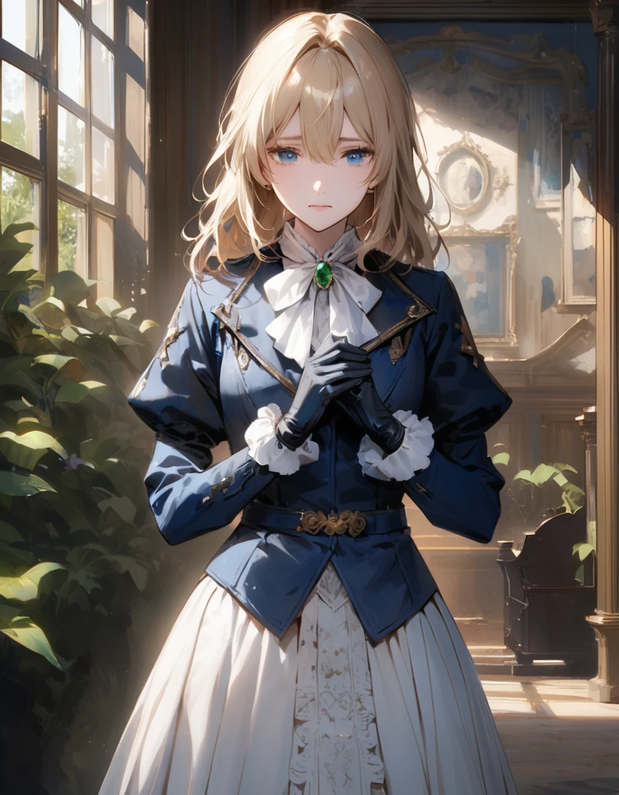 France in the 1890s。The main character of Violet Evergarden has blonde shoulder-length hair with a red ribbon.。She is wearing a classical aristocratic outfit based on ultramarine blue, with a white ribbon on her chest and an emerald necklace in the center.。On both arms, he wears long black leather gloves that reach up to his elbows.。She has very beautiful blue eyes。In the background you can see a slightly blurred French garden.。She always looks sad and lonely。Beautiful and realistic photos.。Walking far away。She is wearing a white flared skirt.。It's like a painting.。