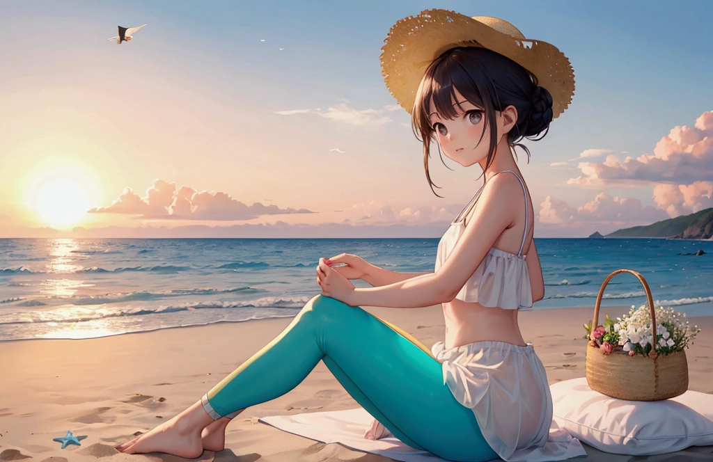 A serene sunrise beach scene. A woman with fair skin and her hair neatly tied in a high bun, dressed in a pink spaghetti strap top and knee-length blue leggings, is sitting on the sand in a meditative yoga pose, facing the vast ocean. About 1/3 of her face is visible. The early morning sun, visible in the distance, casts a gentle golden glow on the calm waves. Behind her, a young boy plays with sand. Next to her, there is a small woven basket with a bouquet of white baby's breath flowers, a notebook, and a straw hat. In the background, green mountains line the horizon, with a few seagulls flying gracefully in the sky above the sea. The image is in a wide 16:9 aspect ratio, capturing the full expanse of the beach and the sunlight reflecting off the water.