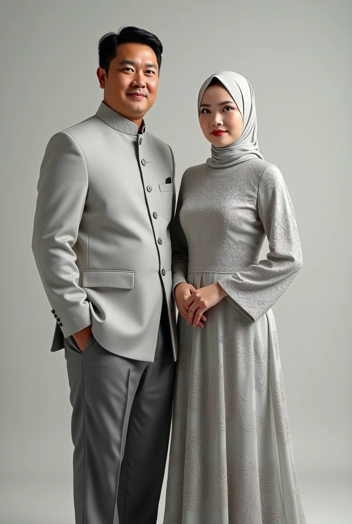 A stout man wearing a short songket coat with a diamond flower pattern in light gray color and slacks in gray color with a Muslim woman wearing a light gray flower lace fabric dress