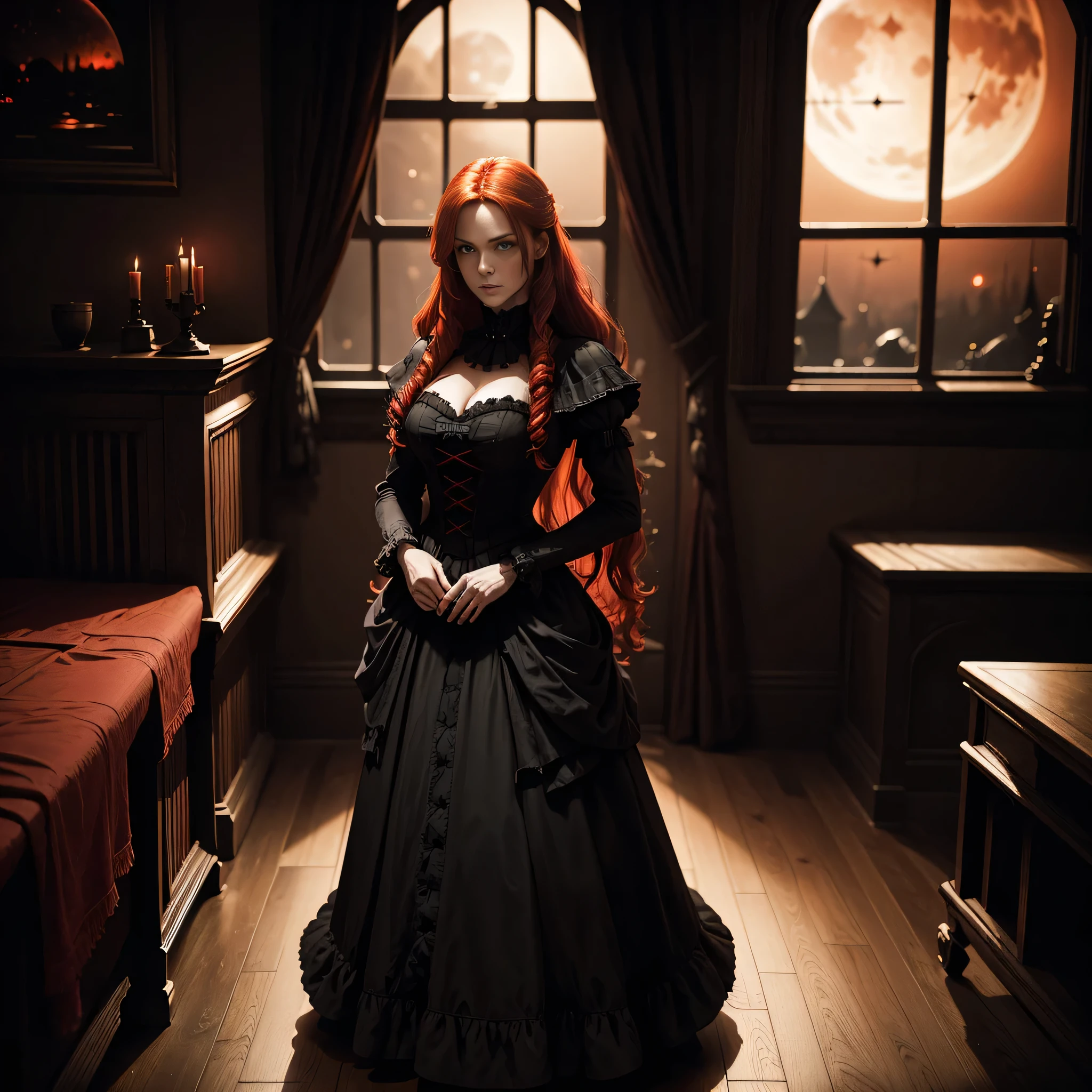 A beautiful red-haired vampire woman in a dark hunter outfit and black. Inside a Victorian mansion looking solemnly out a large window at a reddish moon at night. with a depressive and gothic atmosphere (only one person)