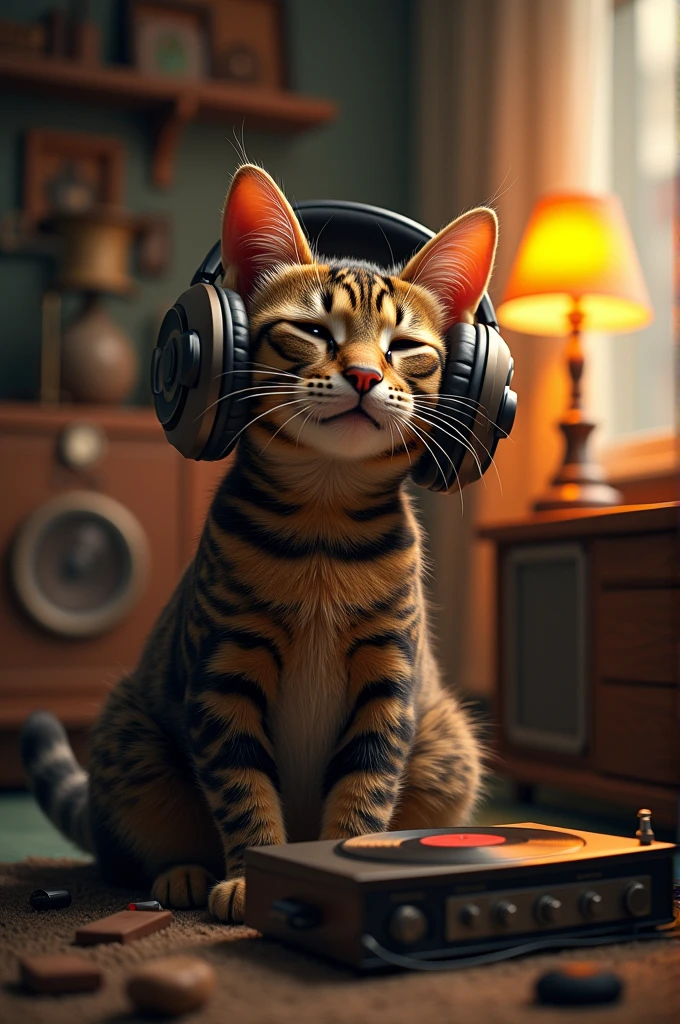 Tom cat enjoying , listening music, with headset