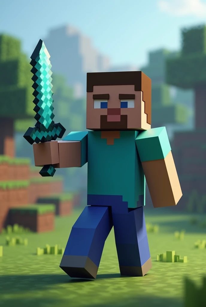 A Minecraft plyer Steve with diamond sword 