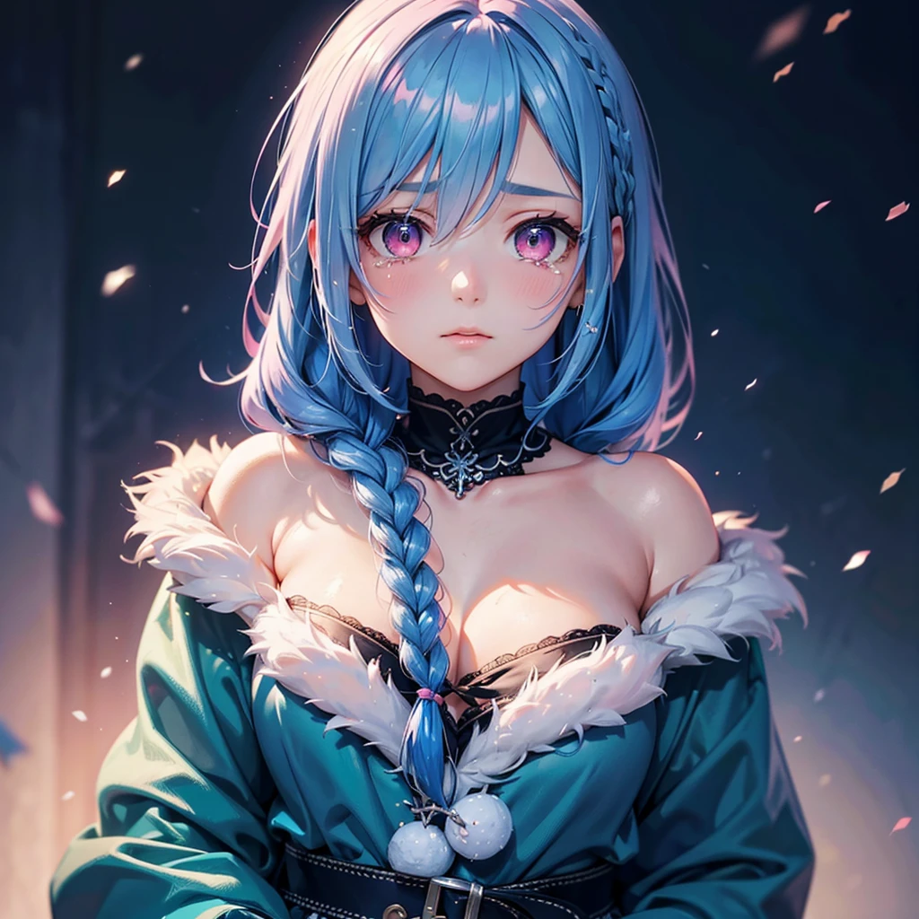 (Tying her sky blue hair into a single braid),(Pink Eyes),Fair skin,whole body,alone,Lonely face,tears,(Snowy Night),A lonely girl who got dumped just before Christmas,(masterpiece, Highest quality, Very detailed), Best Shadow,Detailed Background,Beautifully detailed face,High Contrast,Best lighting, Very delicate and beautiful,Cinematic Light,Hyper Detail,8k,Dramatic Light,Exquisite detail,