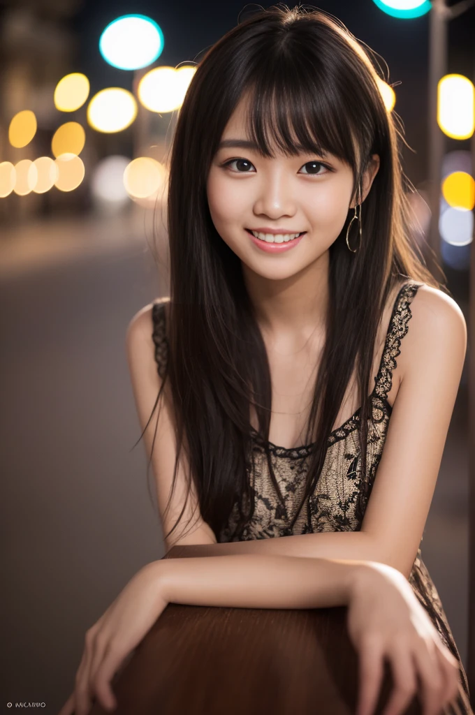 masutepiece, Best Quality, 8K, 18year old, Teen, Raw photo, absurderes, award winning portrait, Smile, Smile, Solo, Night, neons, Idol face, violaceaess, gardeniass, Delicate girl, Upper body, Digital SLR, Looking at Viewer, Candid, Sophisticated, zora々Right, Thin arms, Professional Lighting, Film grain, chromatic abberation, (Eyes and faces with detailed:1.0), (Bokeh:1.1)