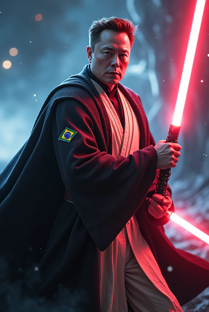 Image of Elon Musk wearing a Star Wars obi outfit with a Brazilian patch knocking Voldemort away