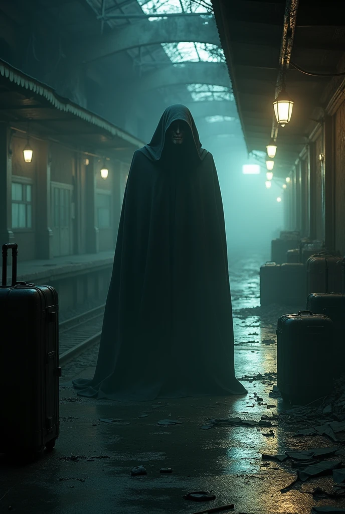 Create a horror image at a train station, where a terrifying figure can be seen in the background
