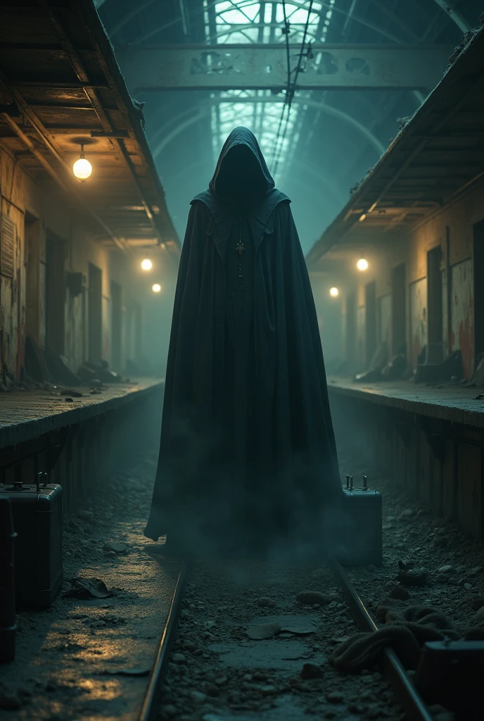 Create a horror image at a train station, where a terrifying figure can be seen in the background