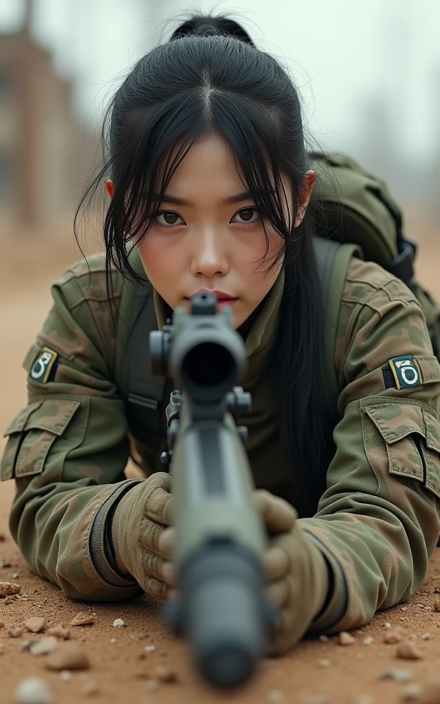 Ultra-high resolution,High-resolution details,Photo-real, Ultra-realistic, (1 Korean female sniper,Super beautiful,Super white skin), (fully armed,Ready to fight:1.5), (Wearing Army paratrooper camouflage uniform), Large breasts, (Tactical Vest, Military wiring harness:1.3), (Military boots:1), Dynamic Angle, Spectacular,,Reality、Realistic skin texture、(Lying on the ground aiming with a sniper)98k、permanent、On the ruins、Brown dust、Action poses and movements、Front top image,full-body shot,panoramic,Wide-angle lens