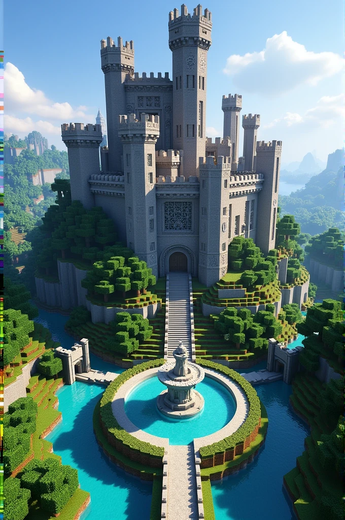 A Minecraft castle with green areas, a wall and a fountain