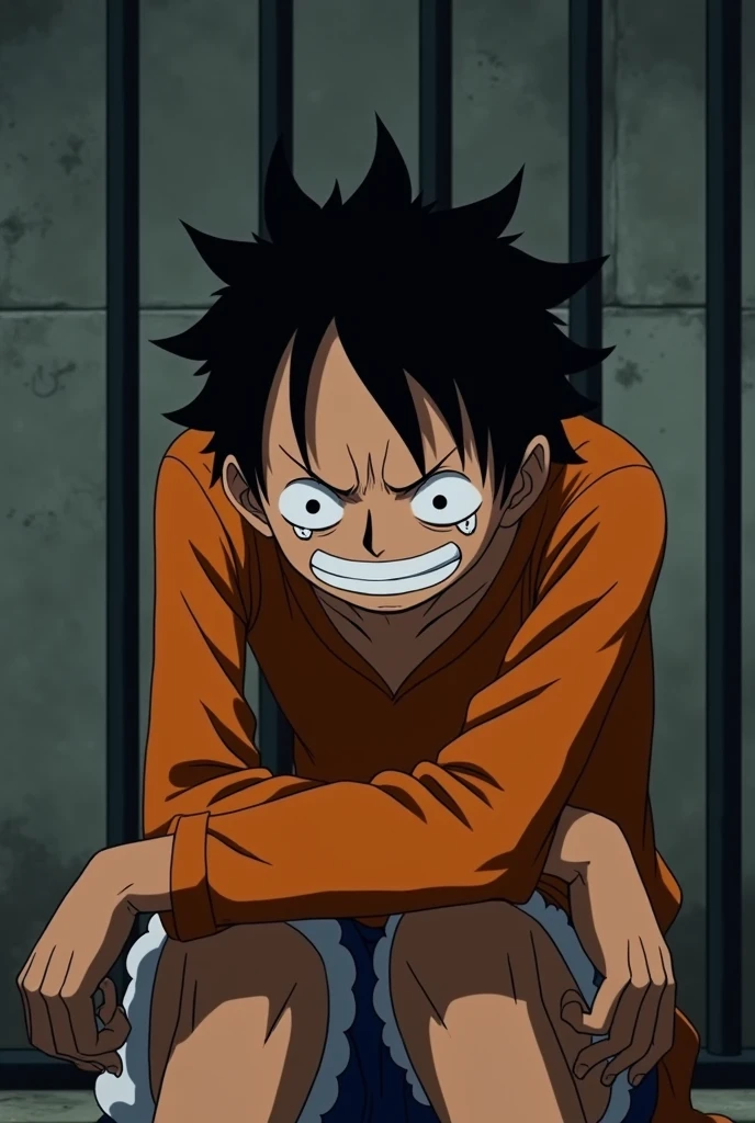 Monkey D. Luffy in an orange long-sleeved prison uniform with his eyes closed and crying inside a prison 