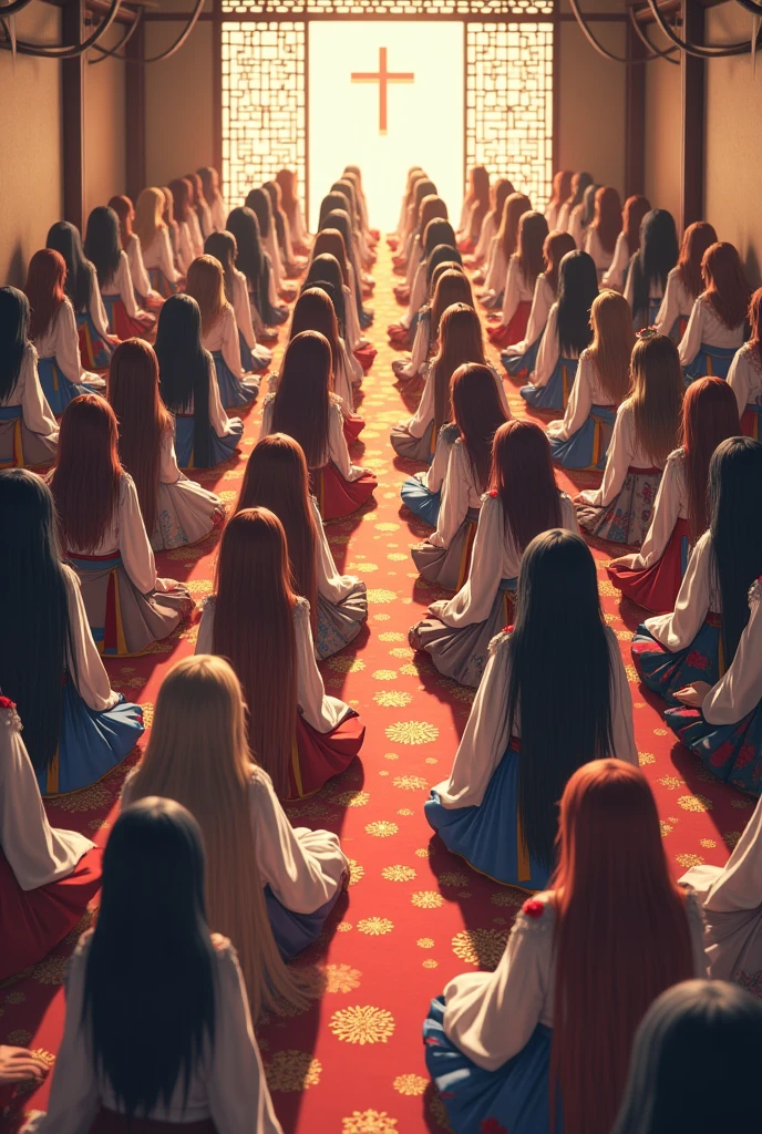 2000 long-haired Asian girls wearing realistic hirajuku kneeling in a small room