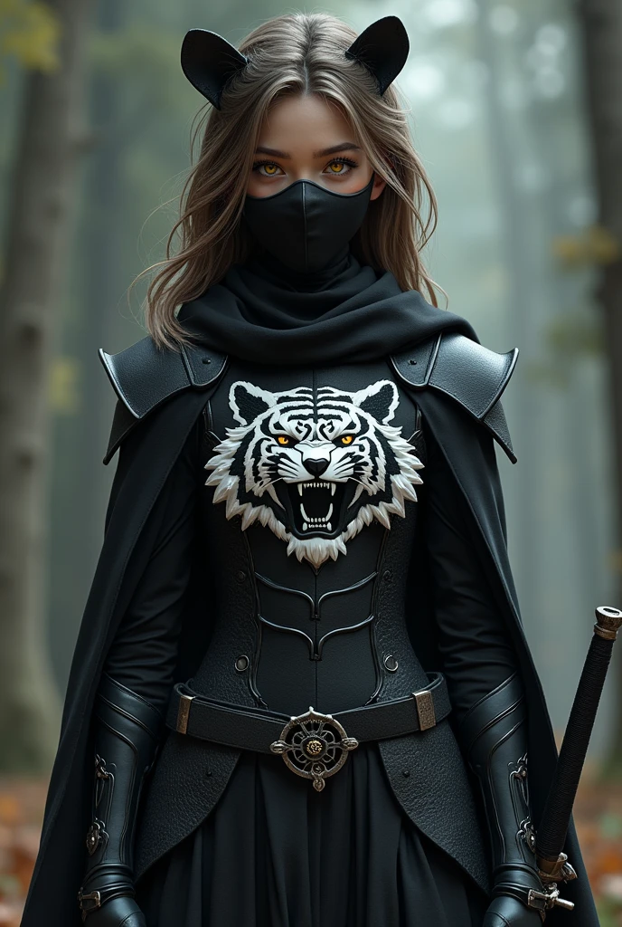 A girl with light brown hair with short hair and yellow eyes wearing a black bear mask. She wore black armor with a cape and hood with the design of a white tiger. The girl carries two swords at her waist.