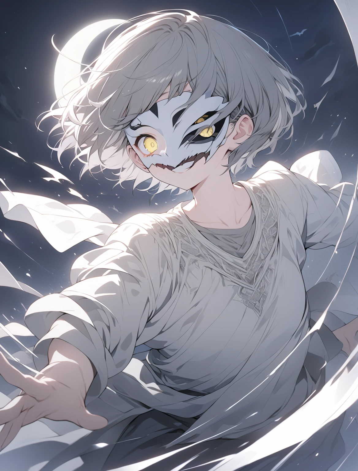 Anime, wendigo mask, (Half-broken mask),shiny eyes,Trail of eyes,((intricate details)),Short dagger with black circular patterns,short hair,(1boy),solo,Grey T-shirt, white tunic, Gray dress pants, ((clothing texture)), (clothing details), folds, shadows, Masterpiece,Ultra Quality,night,moon,Night sky, night light, dynamic lighting,Dynamic pose, dynamic angles,motion blur,deepth of field,(moon in background:1.2), detailed moon,