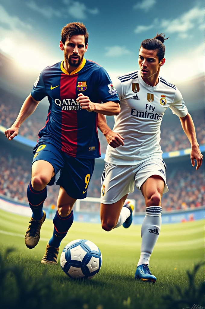 Les jeux couvrent le football cover logo écrit FIFA 15 Lionel Messi et Ronaldo courant avec le maillot du FC Barcelone 2015 et Cristiano Ronaldo avec le maillot du Real Madrid 2015