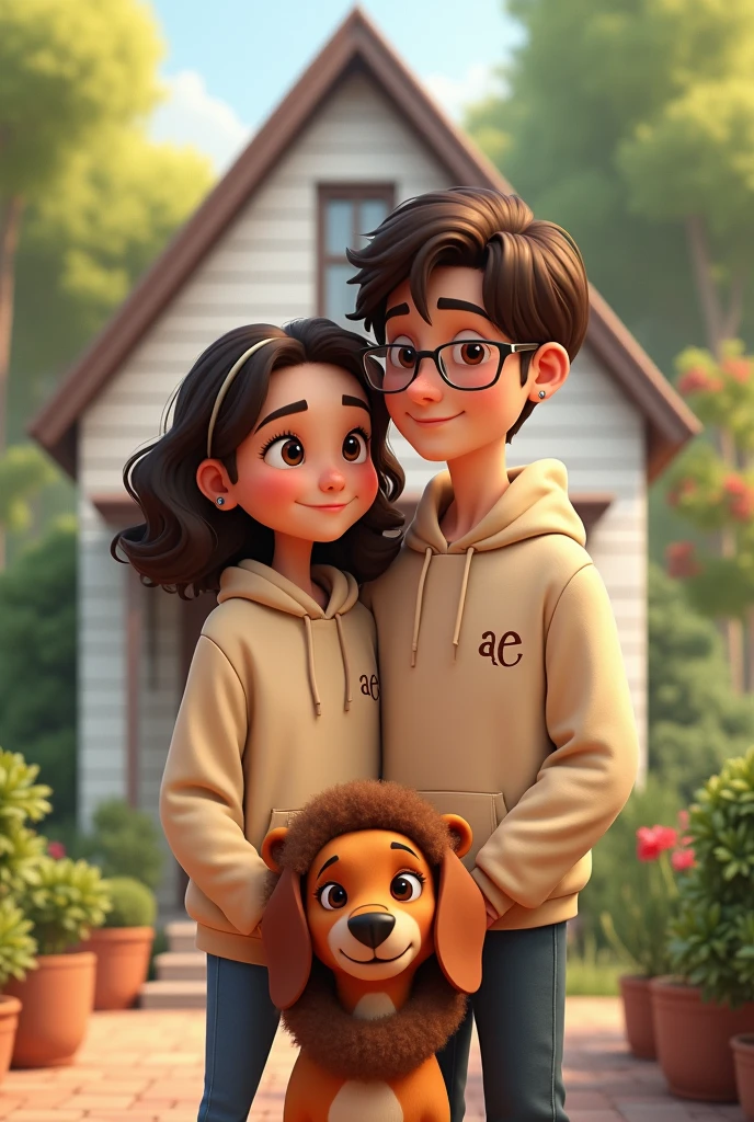 Pixar-style poster of two lovers, In a white house with plants around a girl with curly brown hair, white, with brown eyes, long eyelashes and small nose, wearing a beige hoodie with the initials AE small on the right chest; a boy with dark brown hair, with rectangular frame lenses, dark brown eyes, with a small round black earring in one ear big lips wearing a beige sweatshirt with small initials AE on the left side and a light brown dachshund with a black nose and brown eyes wearing a lion costume