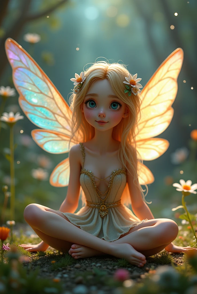 Realistic Fairy sitting, small dress, beautiful shy face,  large colores wings, fantastic background, tinker bell