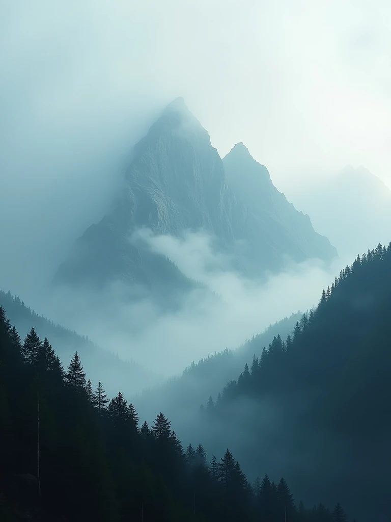 A dramatic landscape of foggy mountains at dawn, with dense forested slopes partially obscured by thick mist. The scene features rugged, towering peaks emerging through the fog, creating a mysterious and atmospheric setting. The composition emphasizes subtle textures in the fog and the forest, capturing the ethereal interplay between light and shadow. The image is taken with a hazel-colored mirrorless camera using a telephoto lens, with deep focus to highlight the intricate details in the mist and foliage.