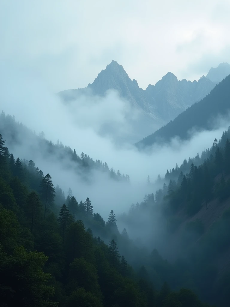 A dramatic landscape of foggy mountains at dawn, with dense forested slopes partially obscured by thick mist. The scene features rugged, towering peaks emerging through the fog, creating a mysterious and atmospheric setting. The composition emphasizes subtle textures in the fog and the forest, capturing the ethereal interplay between light and shadow. The image is taken with a hazel-colored mirrorless camera using a telephoto lens, with deep focus to highlight the intricate details in the mist and foliage.