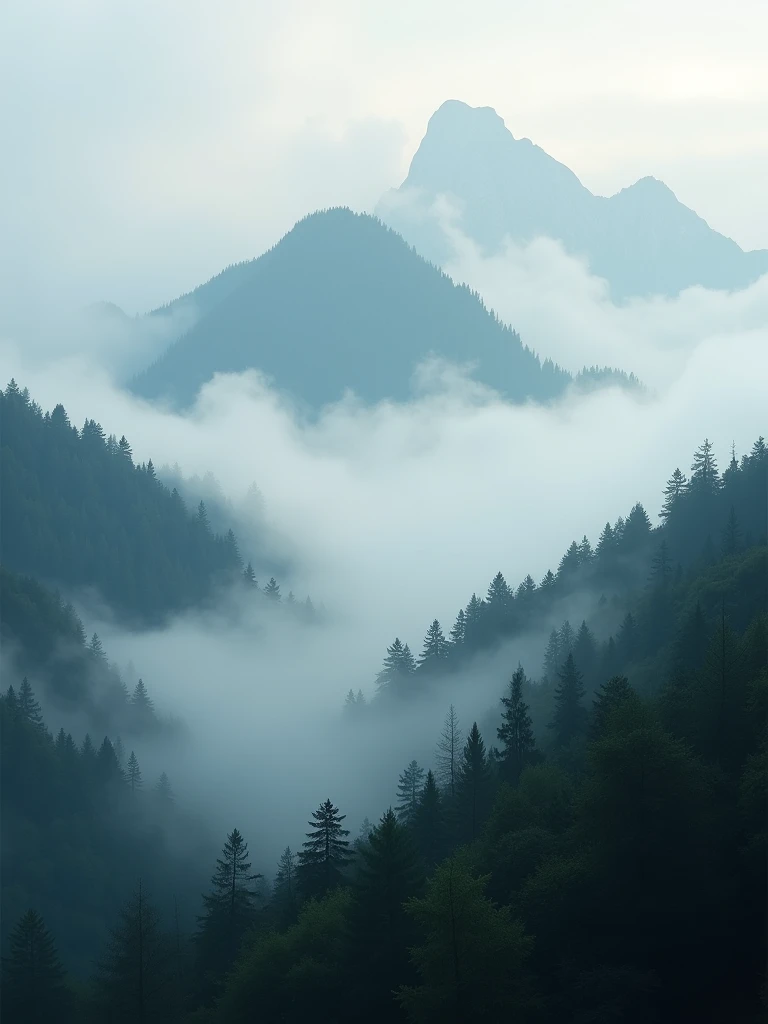 A dramatic landscape of foggy mountains at dawn, with dense forested slopes partially obscured by thick mist. The scene features rugged, towering peaks emerging through the fog, creating a mysterious and atmospheric setting. The composition emphasizes subtle textures in the fog and the forest, capturing the ethereal interplay between light and shadow. The image is taken with a hazel-colored mirrorless camera using a telephoto lens, with deep focus to highlight the intricate details in the mist and foliage.