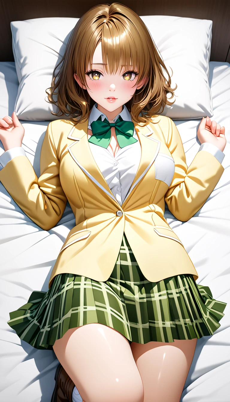 (masterpiece,ultra-detailed,best quality,8K,CG,realistic,illustration:1.2),(perfect-composition,detailed beautiful face,Clean skin,photographical skin,shiny skin,shiny hair, photographical hair,ultra detailed eyes,shaved,kawaii,uncensored:1.1),medium hair, 1girl, solo, brown hair, brown eyes,large breast,winter school uniform, yellow blazer, buttoned blazer,plaid skirt, green skirt,green bowtie,thigh socks,boots ,blushing,seductive face , glossy lips ,lying on bed ,arms spread,luxury room,full body, 