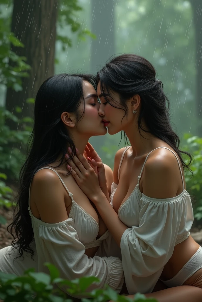 close up kissing beautiful hijab asian lesbian girl laying down,bra and panties,in the Wood,kiss,lesbian sex,raining,front view