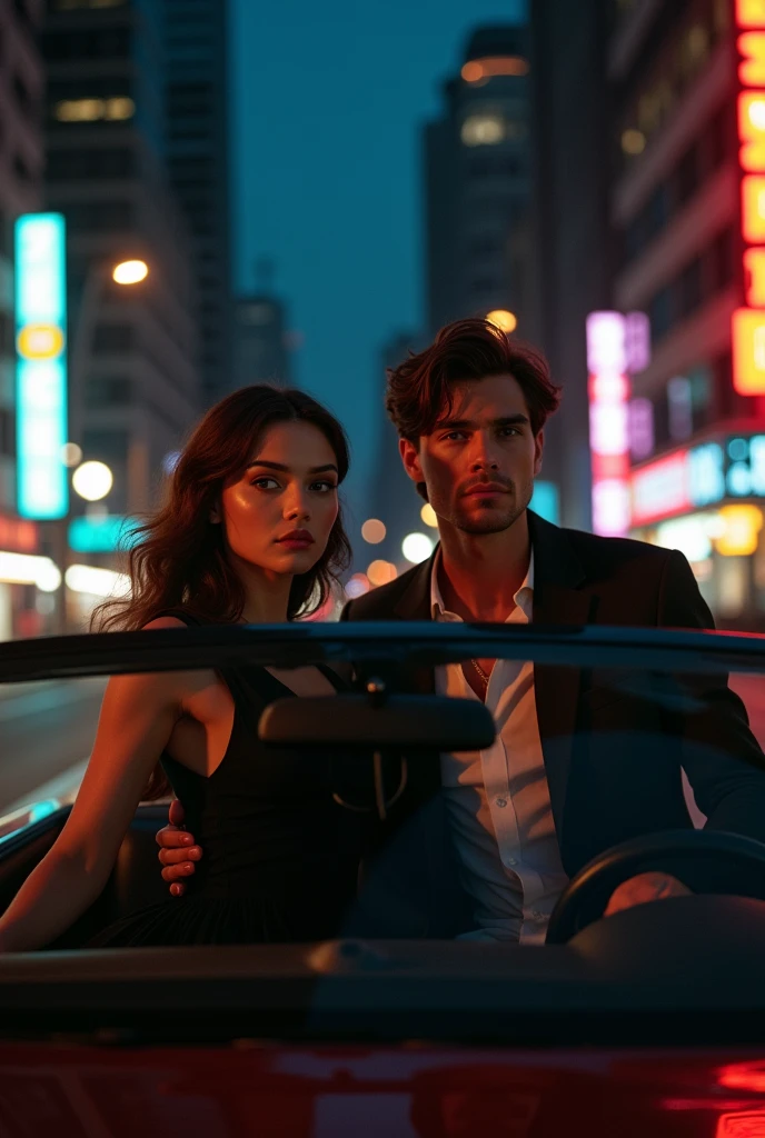 The girl who stands out the most in a simple black dress and the man with an open shirt wearing cloth pants and a black jacket are driving through the city after leaving the elegant bar
