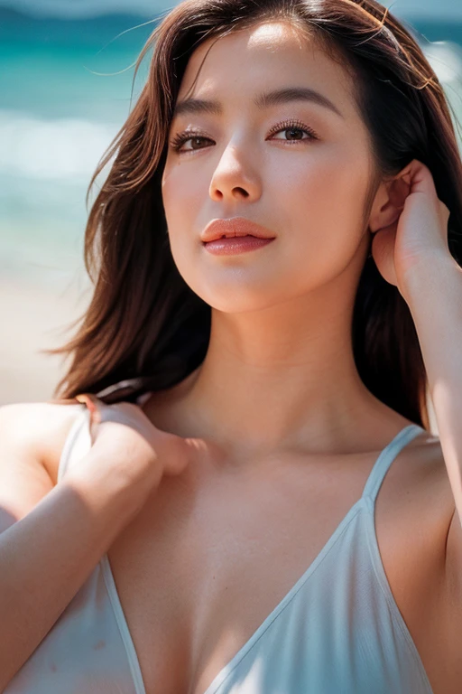 masterpiece, Highest quality, (Unreal Engine), reality:1.5, Super Resolution,  Very detailed, Complex, colorful, Clear images, Sharp focus, Digital Blending, 

A beautiful 60-year-old woman, actress, Kyoka, Big Breasts, Perfect Eyes, Beautiful Eyes, Perfect Face, Ultra detailed hair, Ultra detailed face, Very detailed lips, Vivid expression, Healthy Body, Beautifully detailed sweat glands, Smooth skin texture, Beautiful Skin, Carefully drawn,

Dynamic pose, 

Outdoor, Beaches in Tahiti, (Shot on Sony α9, Dynamic Angle), 

