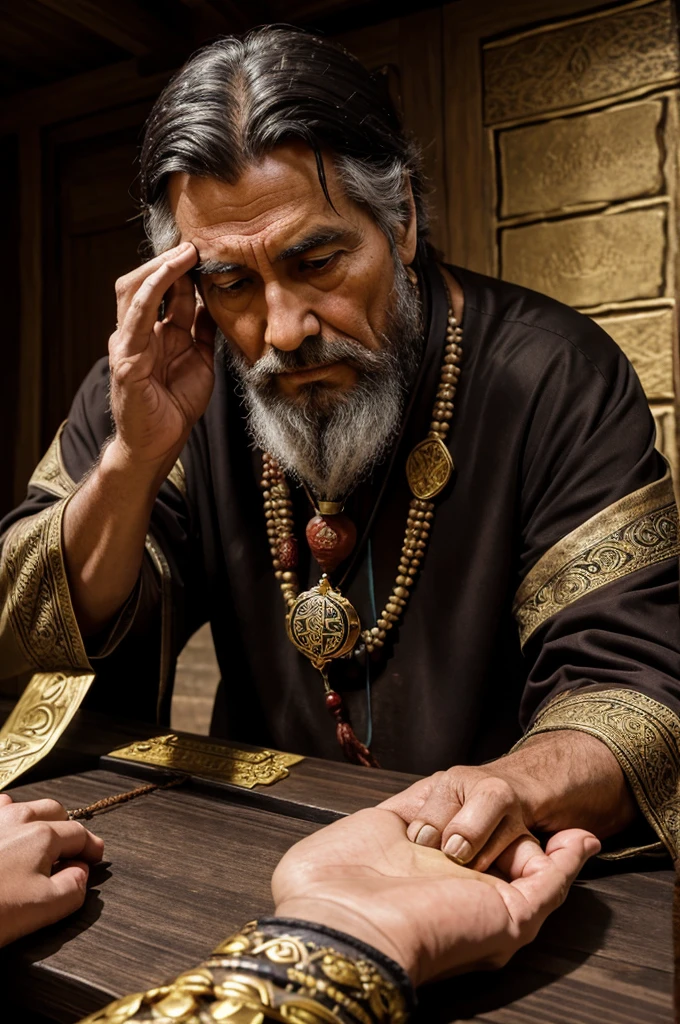 The elder offering a beautifully crafted amulet to the king, who is receiving it with a hopeful expression.