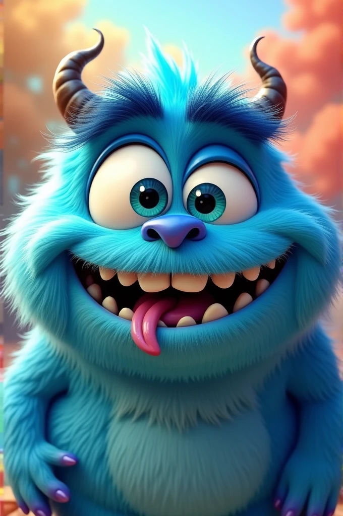 Create the face of a blue fun monster with a blue tongue sticking out