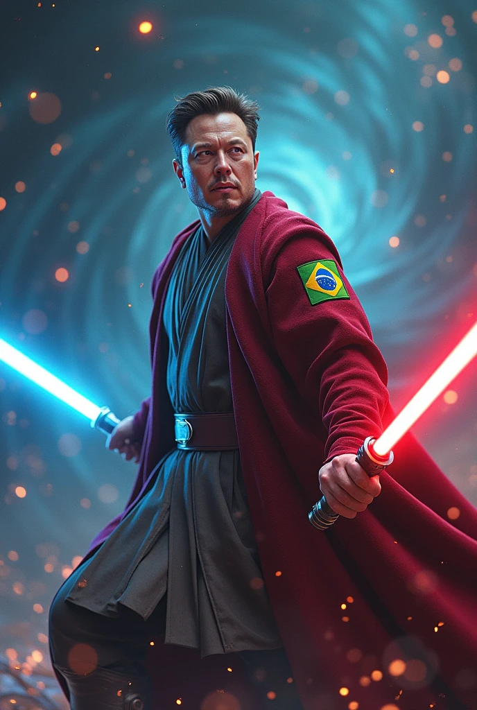 Image of Elon Musk wearing a Star Wars obi outfit with a Brazilian patch knocking Voldemort away