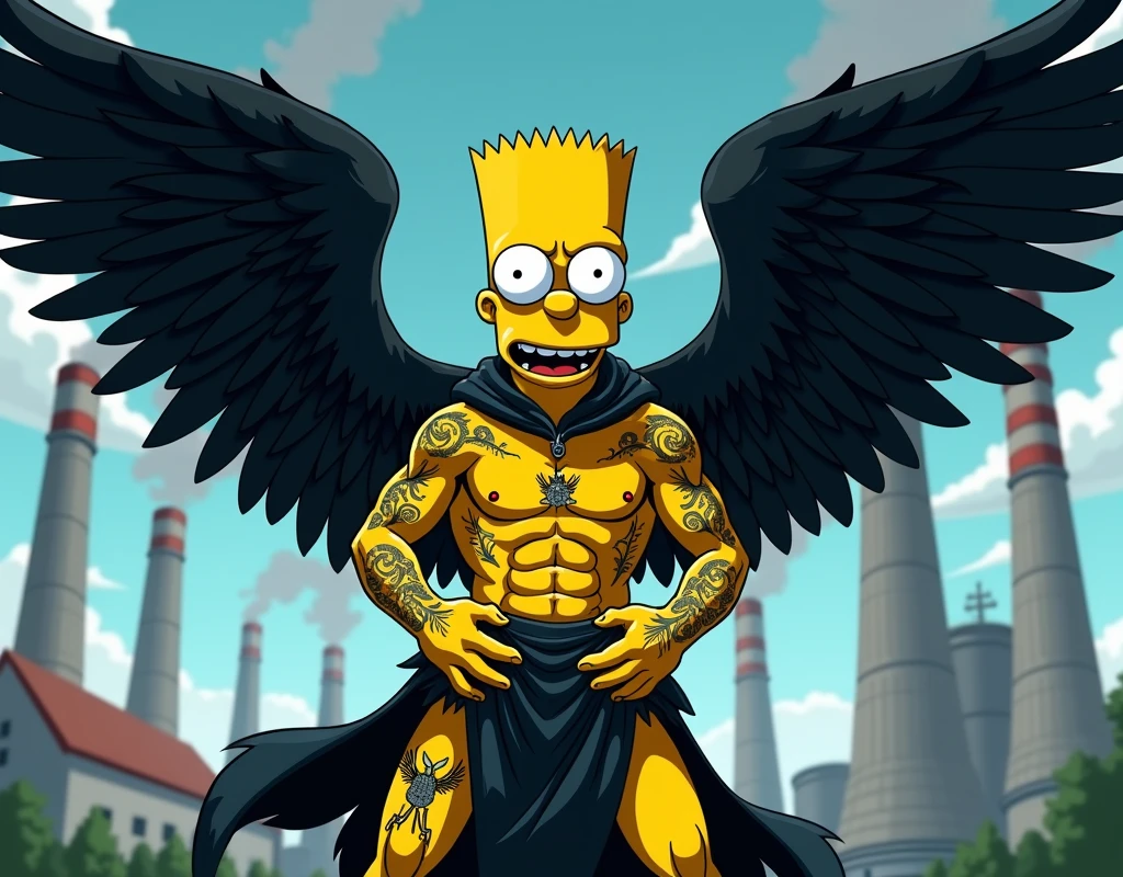 Bart Simpson is a gothic fallen angel with black wings shirtless, tattooed, grabs Mr. Burns by the neck at the nuclear power plant, digital art by Yang J, trending on pixiv, digital art, full body majestic angel, winged Bart Simpson, extremely detailed art germ, ultra UHD, young gothic angel, beautiful Greek god pose, tall Bart Simpson with blue eyes, winged human, handsome Bart Simpson in Demon Slayer art, Greek god, exquisite and beautiful wings, 8K.