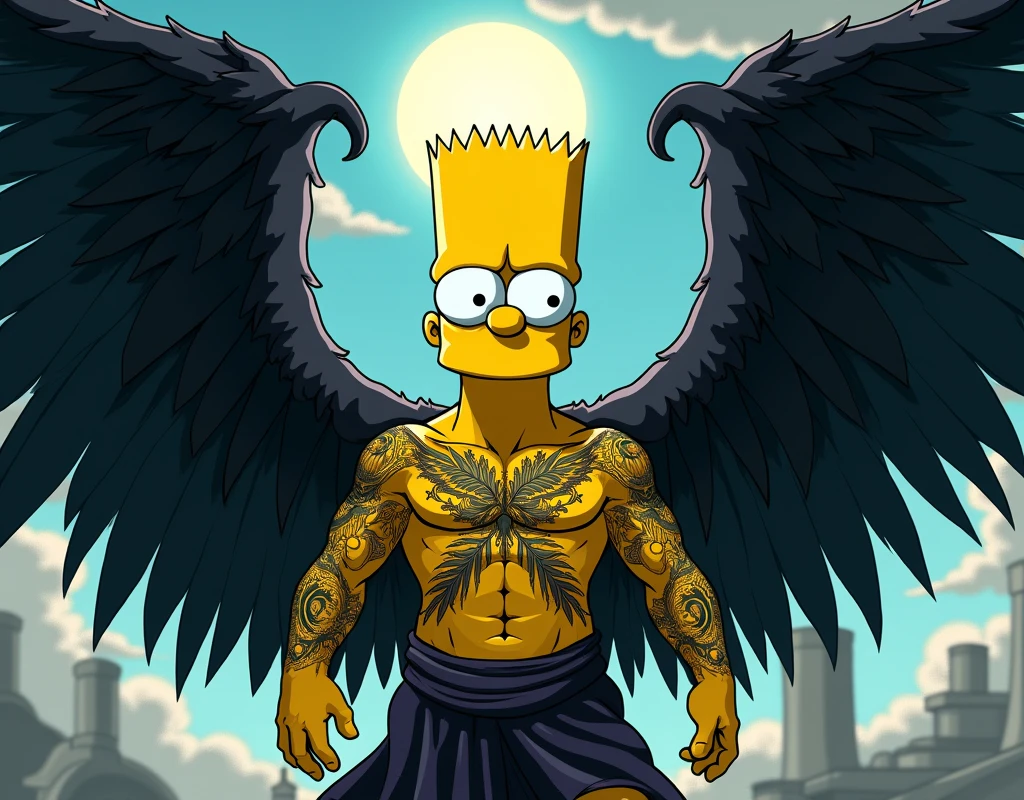 Bart Simpson is a gothic fallen angel with black wings shirtless, tattooed, grabs Mr. Burns by the neck at the nuclear power plant, digital art by Yang J, trending on pixiv, digital art, full body majestic angel, winged Bart Simpson, extremely detailed art germ, ultra UHD, young gothic angel, beautiful Greek god pose, tall Bart Simpson with blue eyes, winged human, handsome Bart Simpson in Demon Slayer art, Greek god, exquisite and beautiful wings, 8K.