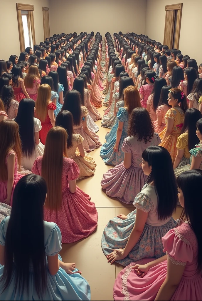 2000 long-haired Asian girls wearing realistic hirajuku kneel in a small room for a group photo