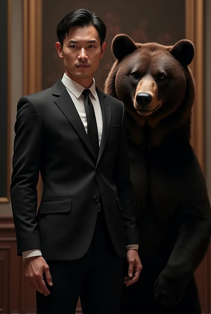 Wearing a black suit、Dark brown bear