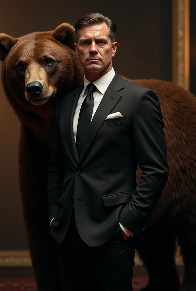 Wearing a black suit、Dark brown bear