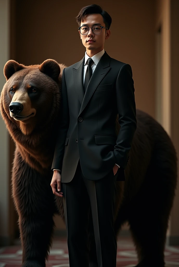 Wearing a black suit、Dark brown bear