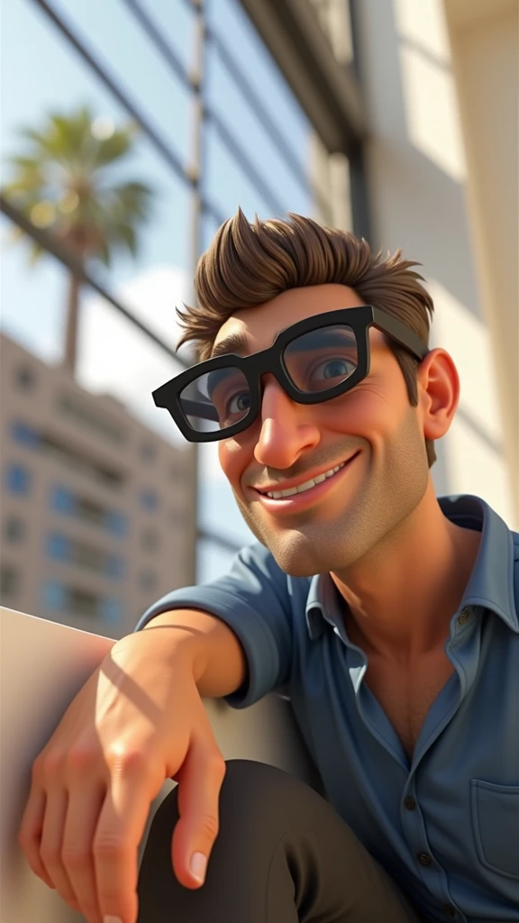 Cartoon character of a man in sunglasses and a blue shirt, an animated character, stylized character, animation style rendering, 3d stylized, Arnold Maya rendering, Stylized 3D rendering, toon render screenshot, 3d character, 3d character, Stylized 3D rendering, 3D character rendering, cartoon character, Personagem de close up, character posing, (Pixar-style) (master part:1.2) (bokeh) (best qualityer) (skin detailed) (detailed texture) (8k) (Argilla) (cinematic lighting) (sharp focus,Sit down and lift your upper body