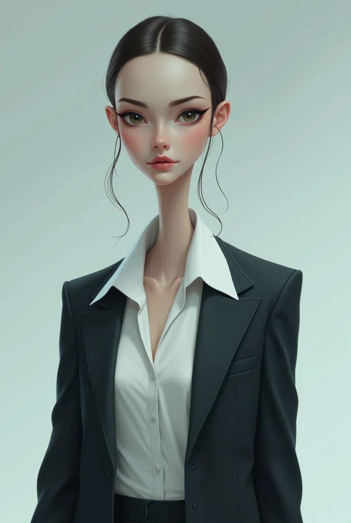 Drawing of a woman with an elongated neck wearing a shirt and blazer in a cool style