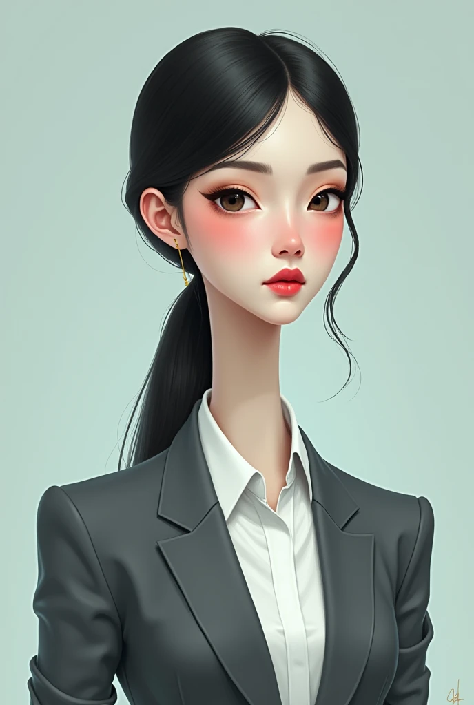 Drawing of a woman with an elongated neck wearing a shirt and blazer in a cool style
