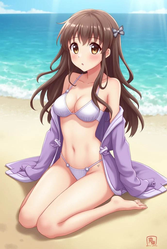 Brown-haired girl,long,Brown eyes,uniform like that of mitsuri kanroji,haori lila,on the beach,Super tiny bikini and too much but too sexy 
