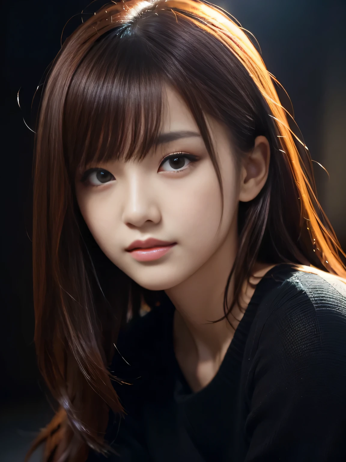 masterpiece, best quality, ultra-detailed, intricately detailed hyperdetailed, realistic, sharp features, highly detailed, sharp focus, A very beautiful and cute young Japanese girl, perfect face, perfect symmetrically eyes, perfect lips, flexible female form, hyper detailed, hyper realistic, high resolution, Underexpose Lighting, slim body, (discret smile, gentle expression), Red hair, thin hair, asymmetrical bangs, brown Eyes, black sweater, cowboy shot, ((Dark background)), (Dark room:1.3), (rim light:1.3), (Dimly light:1.3), (Dark night:1.3), (dark fantasy),