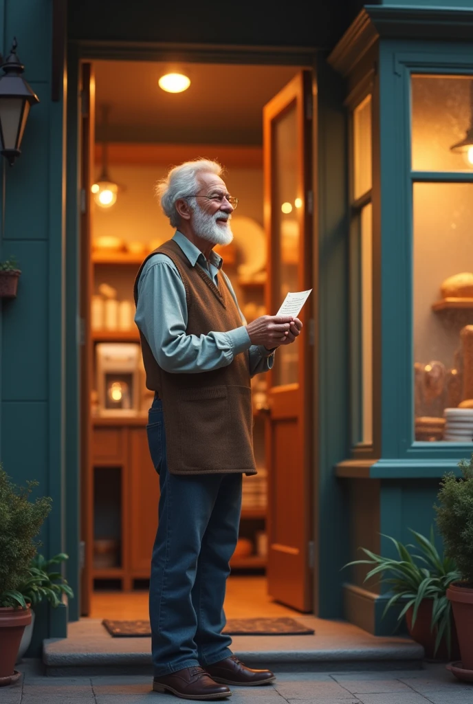 The baker is standing on his doorstep, holding a small note with a look of surprise and joy. His eyes well up slightly as he reads the message, understanding the significance of his simple act.
