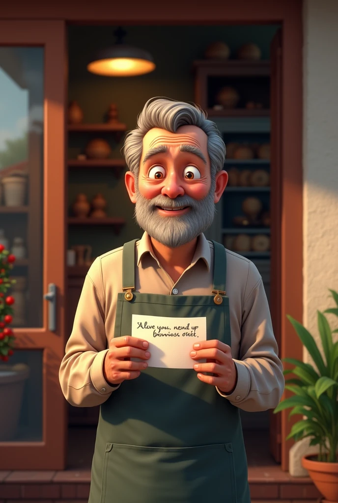 The baker is standing on his doorstep, holding a small note with a look of surprise and joy. His eyes well up slightly as he reads the message, understanding the significance of his simple act.
