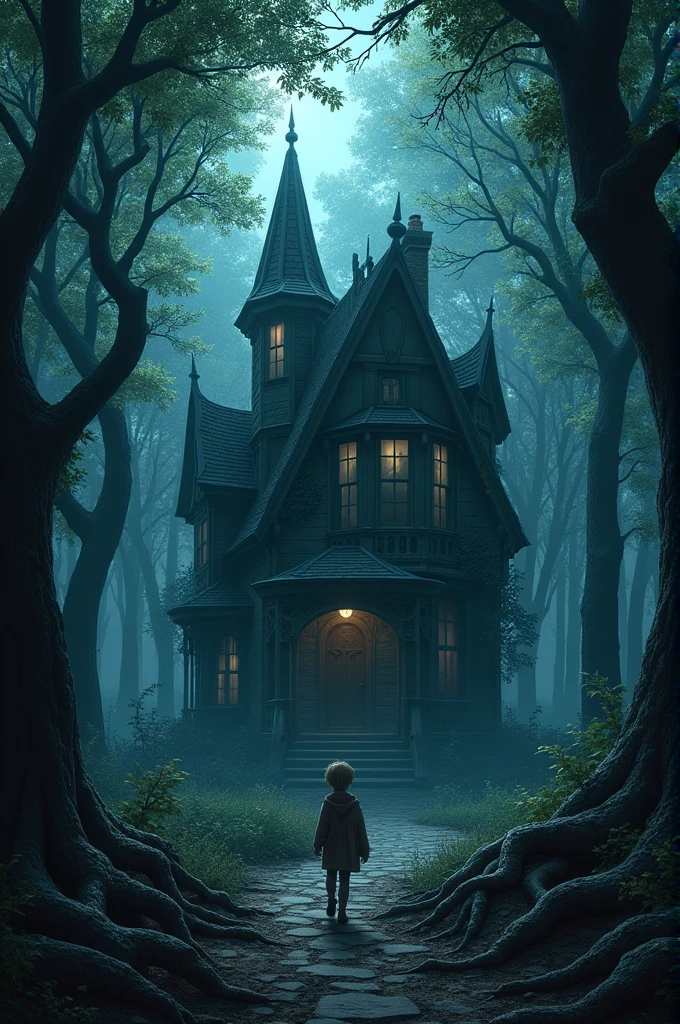 In the midnight forest there is a one old scary house looking so gorgeous a boy is going into the forest