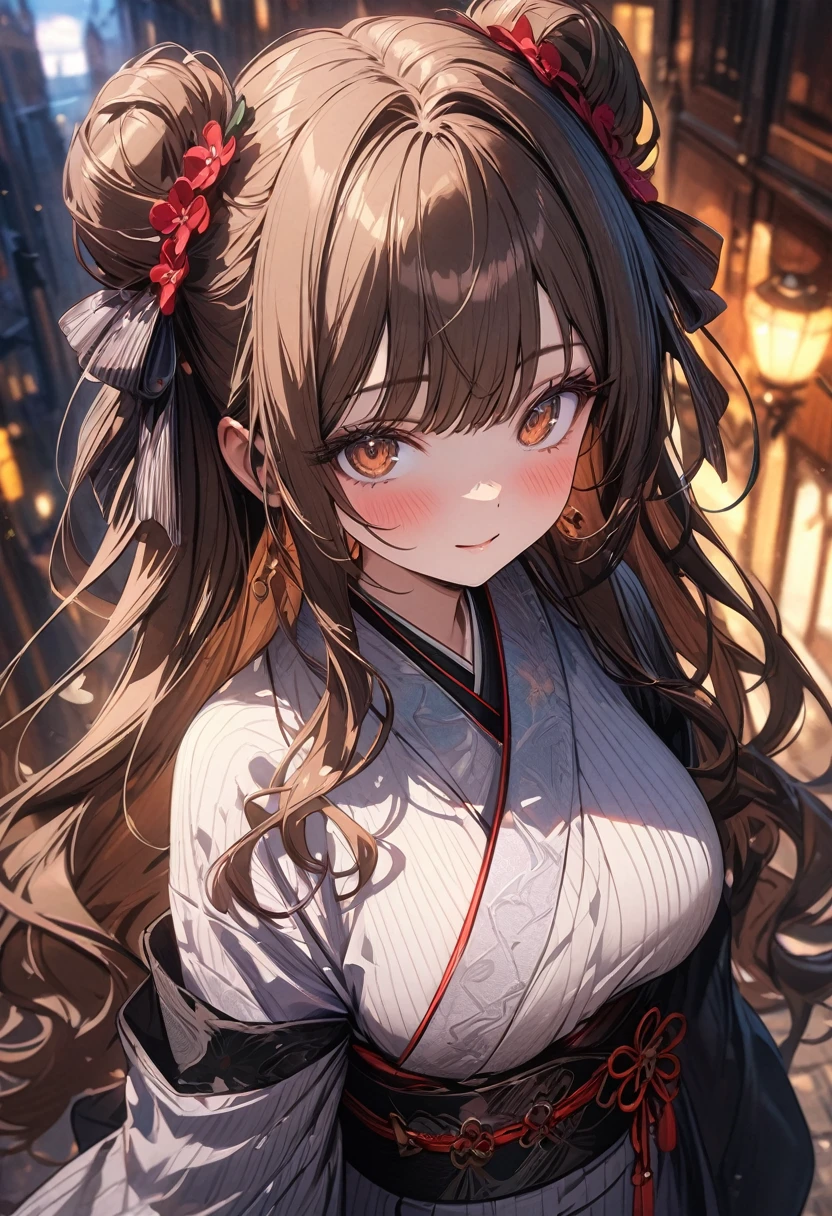 High resolution,masterpiece, Highest quality, Kuo Shenlin , heterochromia , Brown hair, smiling , (((busty))), 1girl, sensual body, Her cheeks flushed, frills kimono , kimono , Oriental town