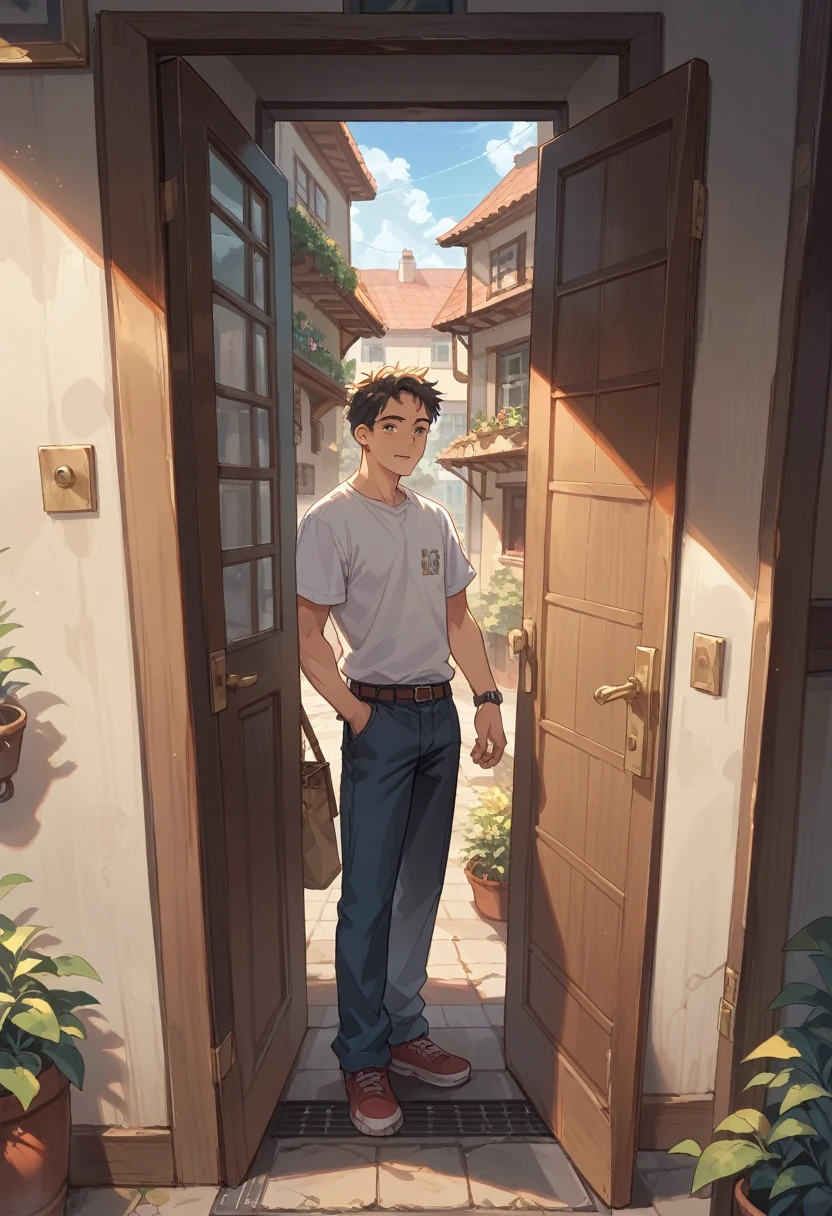 man just got home from work opens the door