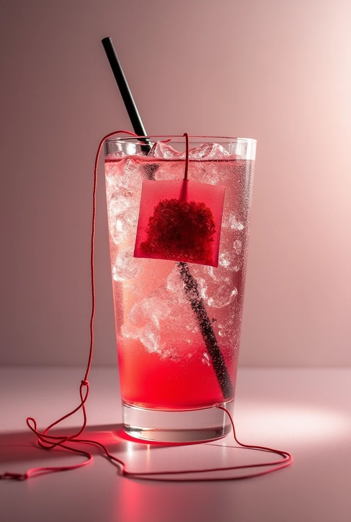 gin and tonic with red fruit tea, The drink must be in a large gin glass and without any fresh fruit in the photo.. However, I want it with a red fruit tea bag inside the glass and the tea bag string on the side of the gin glass.
